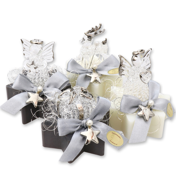 Sheep milk soap star 80g decorated with glass figures, Classic/christmas rose silver 