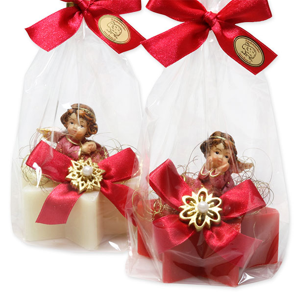Schafmilchseife Stern 80g dekoriert mit Engel in Cello, Classic/Granatapfel 