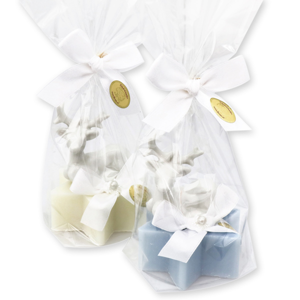 Sheep milk star soap 80g decorated with a deer in a cellophane, Classic/ice flower 