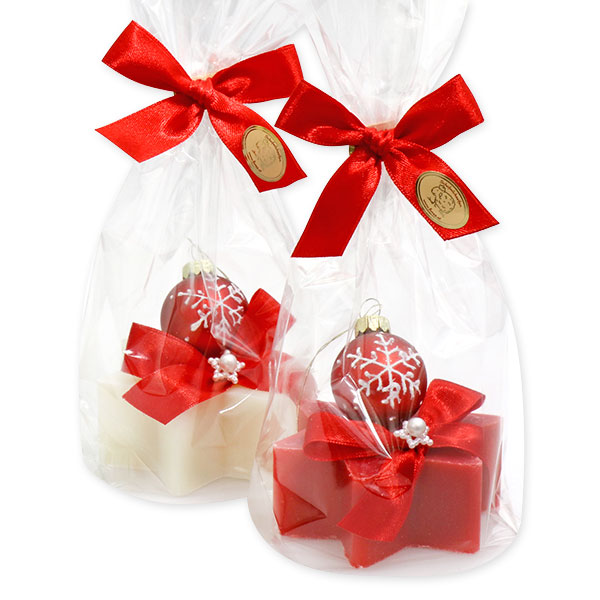 Sheep milk soap star 80g decorated with a christmas ball in a cellophane, Classic/Pomegranate 