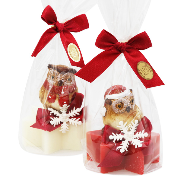Schafmilchseife Stern 80g dekoriert mit Eule in Cello, Classic/Granatapfel 