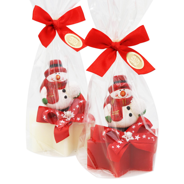 Schafmilchseife Stern 80g dekoriert mit Schneemann in Cello, Classic/Granatapfel 