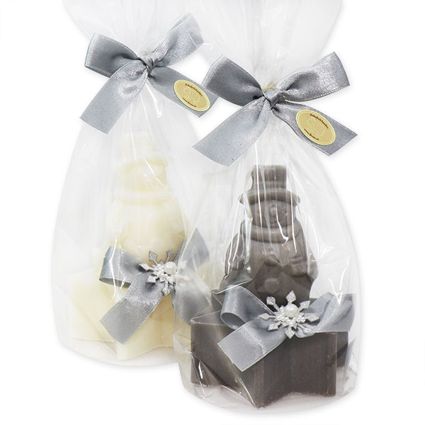 Schafmilchseife Stern 80g dekoriert mit Seife Schneemann 40g in Cello, Classic/Christrose 