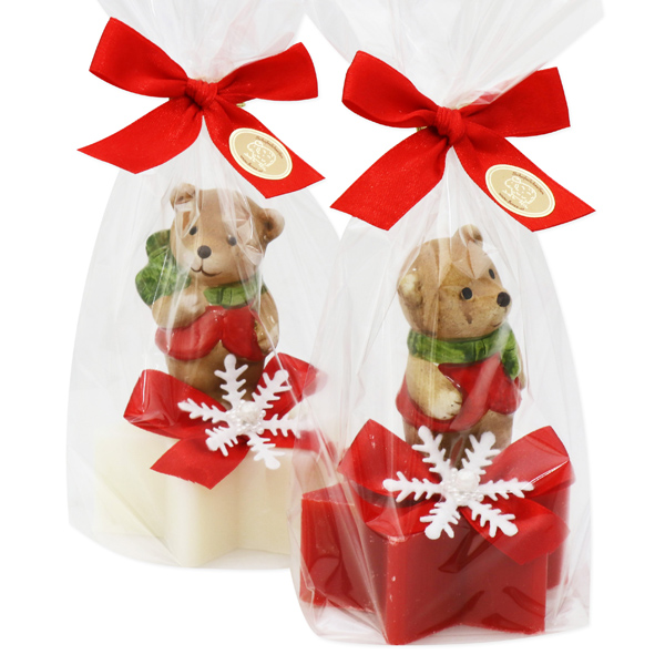 Sheep milk soap star 80g decorated with a bear in a cellophane, Classic/pomegranate 