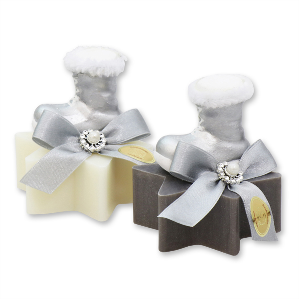 Sheep milk soap star 80g decorated with a boot, Classic/christmas rose silver 