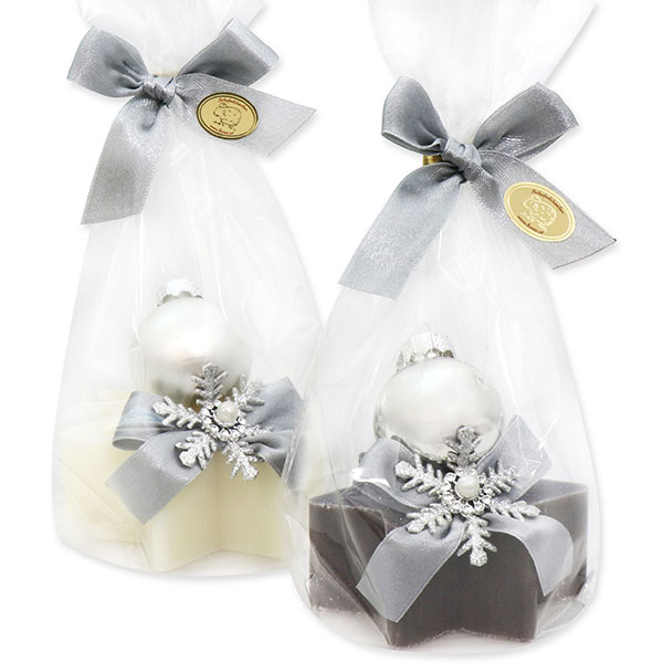 Sheep milk soap star 80g, decorated with a christmas ball in a cellophane, Classic/christmas rose silver 