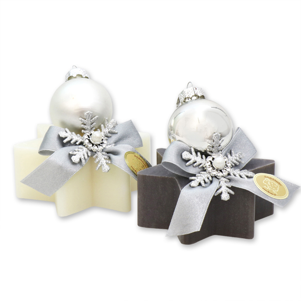 Sheep milk soap star 80g, decorated with a christmas ball, Classic/christmas rose silver 