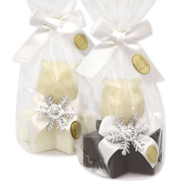 Sheep milk soap star 80g decorated with a soap owl 50g in a cellophane, Classic/christmas rose silver 