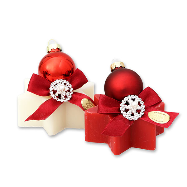 Schafmilchseife Stern 80g dekoriert mit Weihnachtskugel, Classic/Granatapfel 
