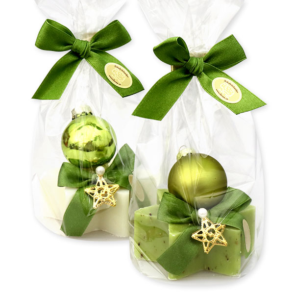 Schafmilchseife Stern 80g dekoriert mit Weihnachtskugel in Cello, Classic/Eisenkraut 