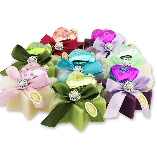 Schafmilchseife Stern 80g dekoriert mit Glasherz, sortiert 