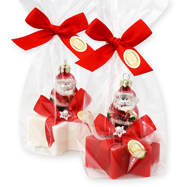 Sheep milk soap star 80g decorated with Santa in a cellophane, Christmas rose/pomegranate 