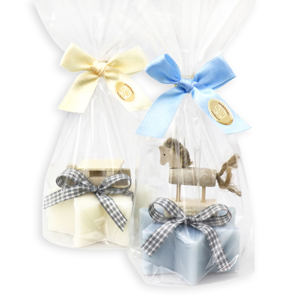 Sheep milk soap star 80g decorated with a rocking horse and a sleigh in a cellophane, Classic/ice flower 