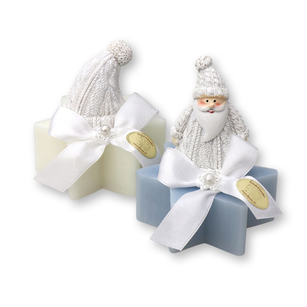 Sheep milk soap star 80g decorated with santa and santa´s hat, Classic/ice flower 