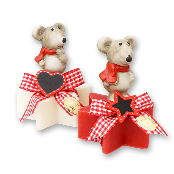 Sheep milk soap star 80g decorated with a mouse, Classic/pomegranate 