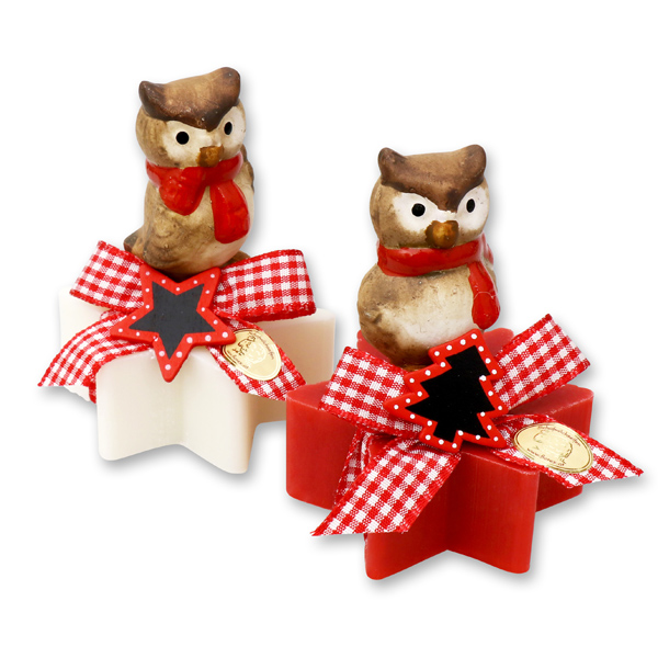 Sheep milk soap star 80g decorated with an owl, Classic/pomegranate 