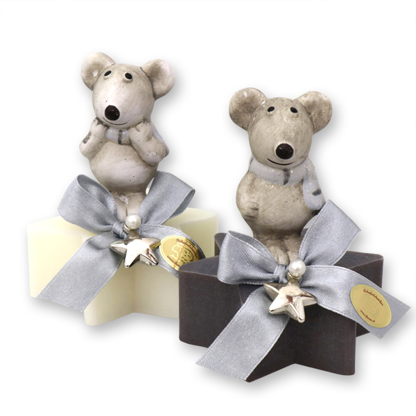 Sheep milk soap star 80g decorated with a mouse, Classic/christmas rose silver 