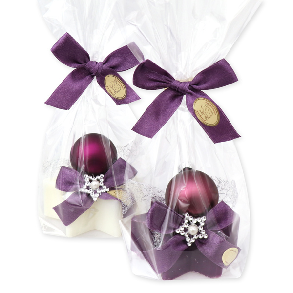 Schafmilchseife Stern 80g dekoriert mit Weihnachtskugel in Cello Classic/Holunder 