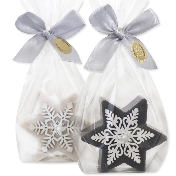 Sheep milk soap star 80g, decorated star in a cellophane, Christmas rose white/silver 