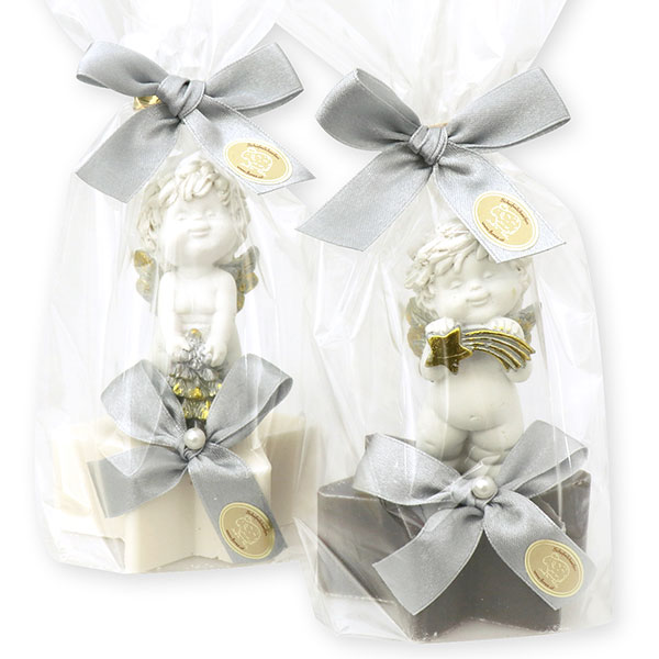 Sheep milk star soap 80g decorated with an angel-Igor in a cellophane, Christmas rose white/silver 