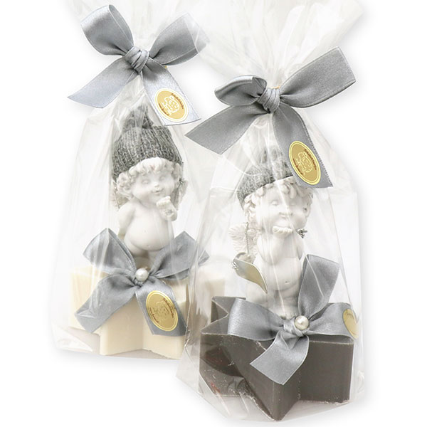 Sheep milk star soap 80g decorated with an angel-Igor in a cellophane, Christmas rose white/silver 