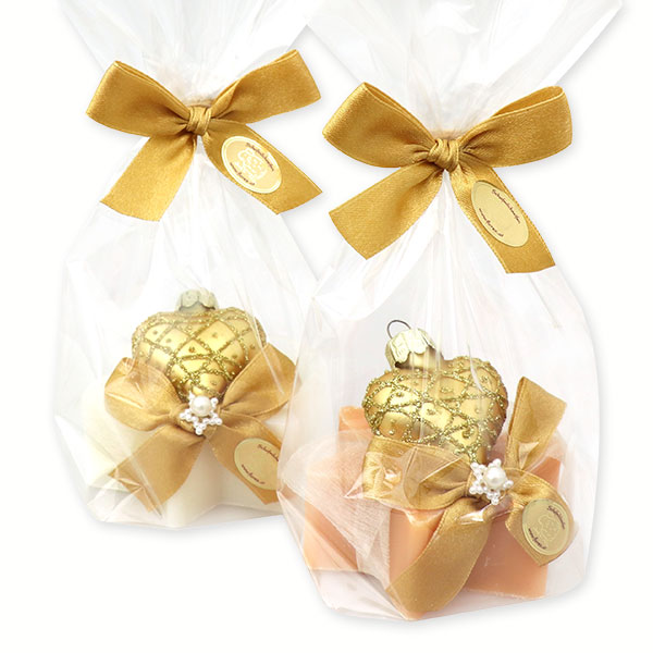 Sheep milk soap star 80g decorated with a glass heart in a cellophane, Classic/swiss pine 