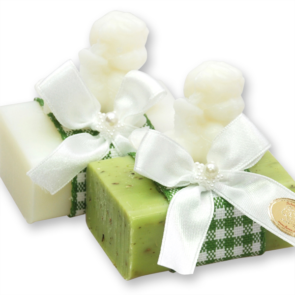 Schafmilchseife eckig 100g dekoriert mit Engel liegend 20g, Classic/Eisenkraut 