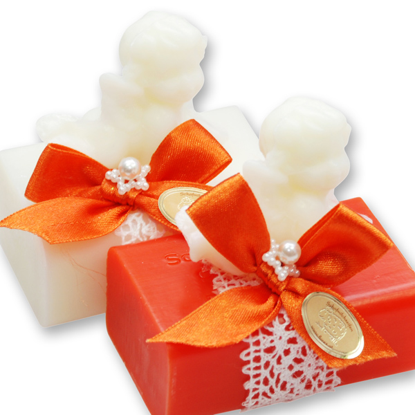 Schafmilchseife eckig 100g dekoriert mit Seife Engel liegend 20g Classic, Classic/Blutorange 