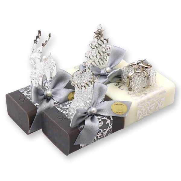 Schafmilchseife eckig 100g dekoriert mit Glasfiguren, Classic/Christrose 