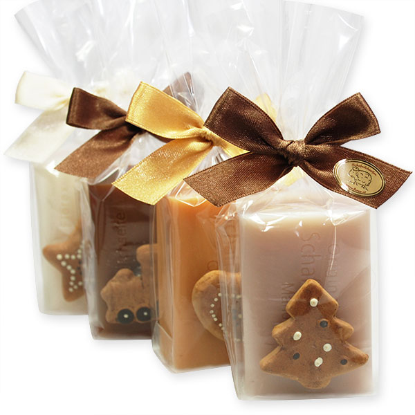 Schafmilchseife eckig 100g dekoriert mit Deko Lebkuchen in Cello, sortiert 