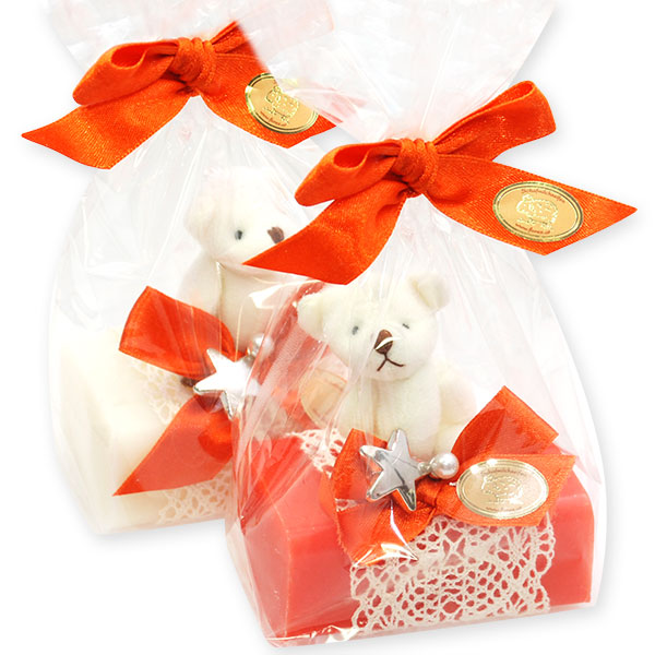 Schafmilchseife eckig 100g dekoriert mit Teddy in Cello, Classic/Blutorange 