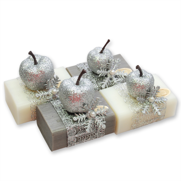Schafmilchseife eckig 100g dekoriert mit Glitzerapfel, Classic/Christrose 