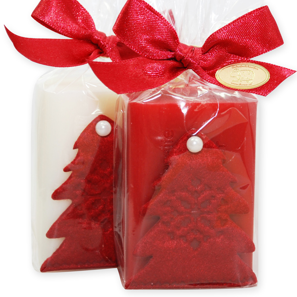 Schafmilchseife eckig 100g dekoriert mit Weihnachtsbaum in Cello, Classic/Granatapfel 