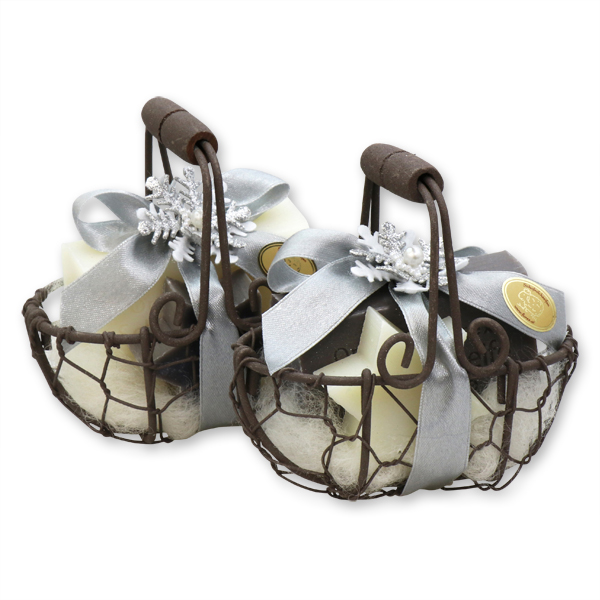 Wire basket filled with sheep milk soap square 100g and star midi 20g decorated with a snowflake, Classic/christmas rose silver 