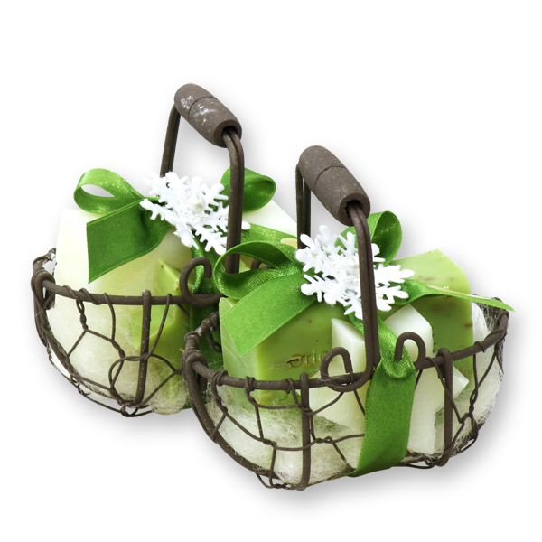 Wire basket filled with sheep milk soap square 100g and a soap star midi 20g decorated with a snowflake, Classic/verbena 