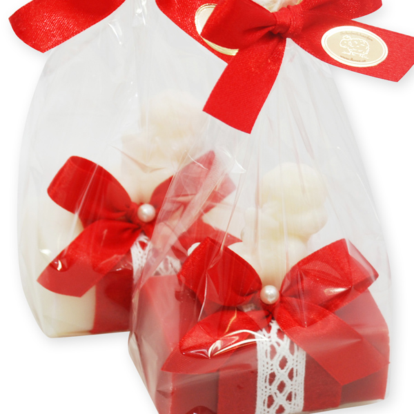 Schafmilchseife eckig 100g dekoriert mit Seifenengel 20g in Cello, Classic/Granatapfel 