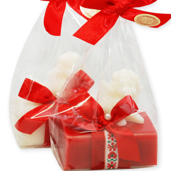Schafmilchseife eckig 100g dekoriert mit Seifenengel 20g in Cello, Classic/Granatapfel 