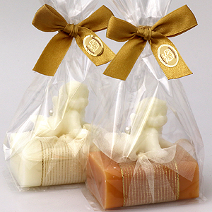Schafmilchseife eckig 100g dekoriert mit Seifenengel 20g in Cello, Classic/Quitte 