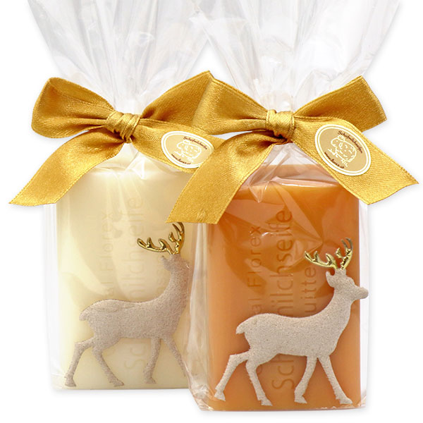 Schafmilchseife eckig 100g dekoriert mit Filzhirsch in Cello, Classic/Quitte 