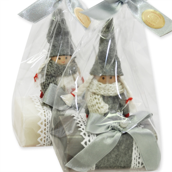 Sheep milk soap 100g decorated with a gnome in a cellophane, Classic/christmas rose silver 