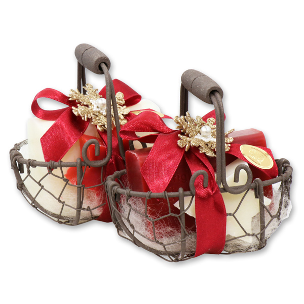 Wire basket filled with sheep milk soap square 100g and star midi 20g decorated with a snowflake, Classic/pomegranate 