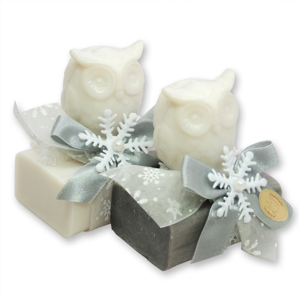 Schafmilchseife eckig 100g dekoriert mit Seife Eule 50g, Schneerose/Christrose 