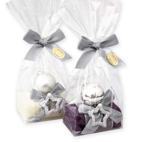 Sheep milk soap 100g decorated with a glass christmas ball in a cellophane, Classic/elderberry 
