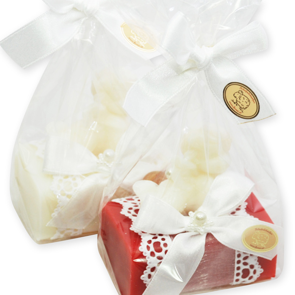 Schafmilchseife eckig 100g dekoriert mit Seifenengel 20g in Cello, Classic/Granatapfel 