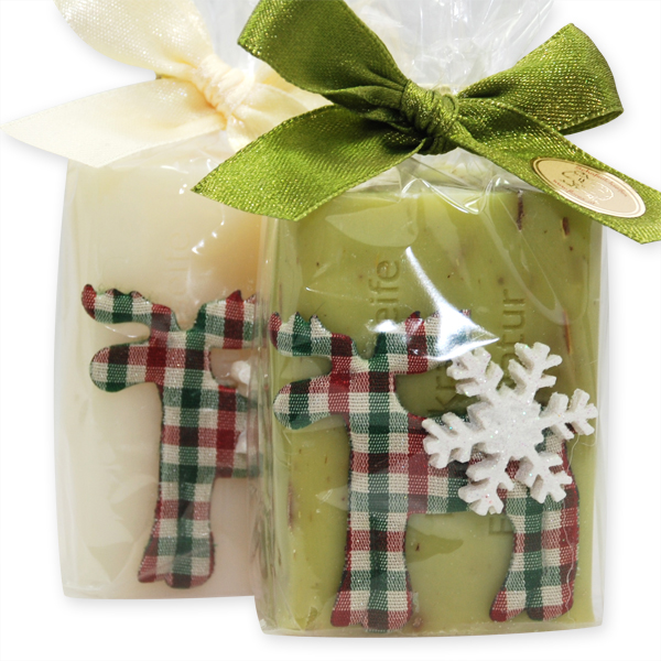 Sheep milk soap 100g decorated with a checkered deer in a cellophane, Classic/verbena 