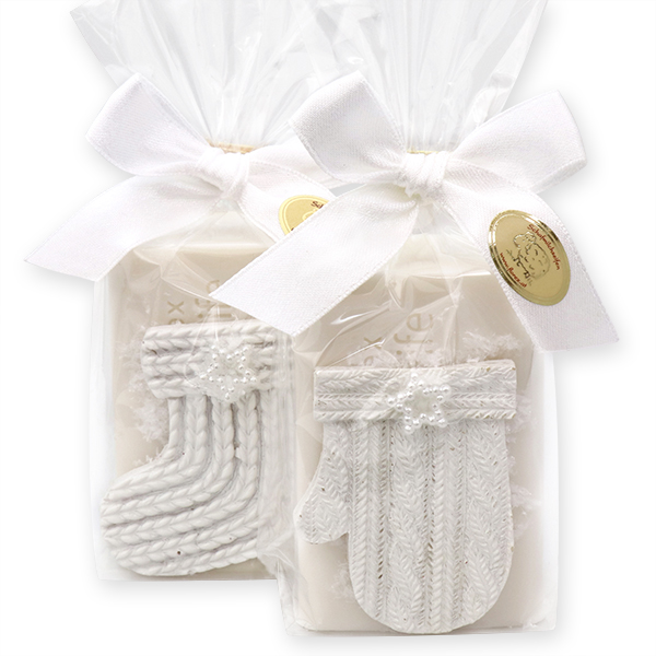 Sheep milk soap 100g, decorated with a boot/glove in a cellophane, Christmas rose white 