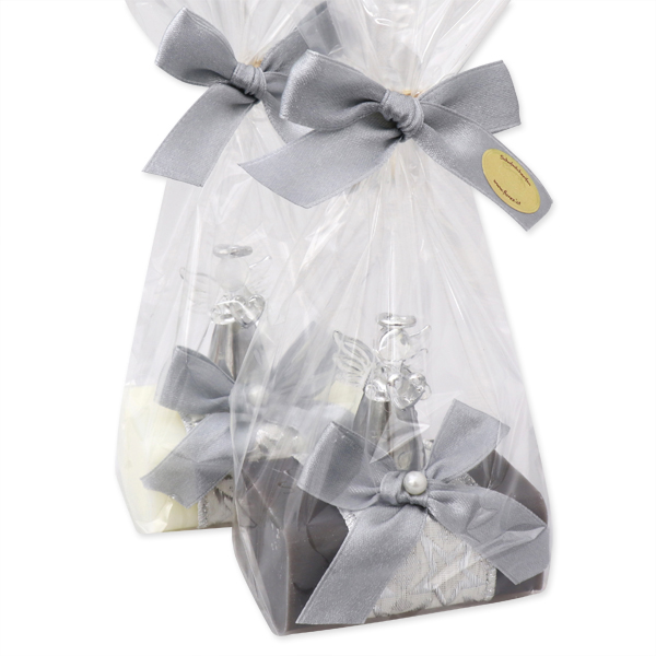 Sheep milk soap 100g decorated with an angel in a cellophane, Classic/christmas rose silver 