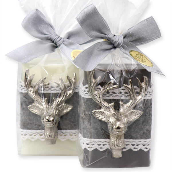 Sheep milk soap 100g decorated with a deer head in a cellophane, Classic/Christmas rose silver 