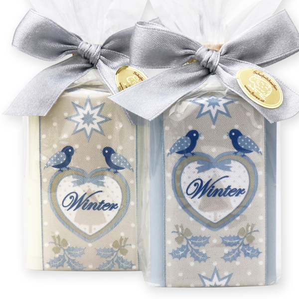 Sheep milk soap 100g decorated with a christmas ribbon in a cellophane, Classic/ice flower 