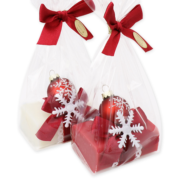 Schafmilchseife eckig 100g dekoriert mit Glaskugel in Cello, Classic/Granatapfel 